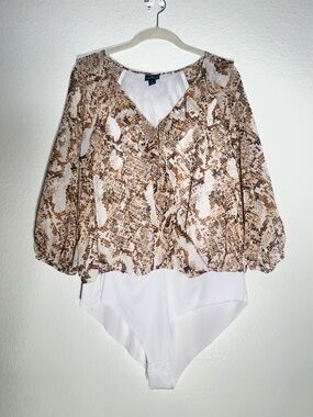 Worthington Snake Print Bodysuit Blouse Long Sleeve V Neck Flowy Large